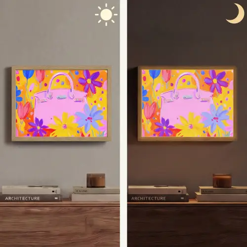 Tas - Roze - Bloemen Light Box met batterij (Wandlamp) middel -sfeer3