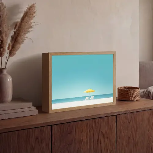 Strand - Blauwe lucht - Geel - Parasol Light Box met batterij (Wandlamp) middel -sfeer2