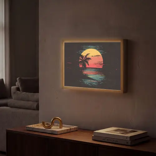 Strand - Minimalistisch - Zon - Oranje Light Box met batterij (Wandlamp) middel -sfeer1