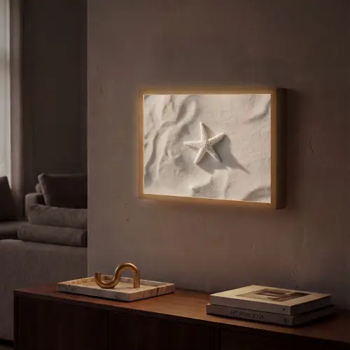 Strand - Zeester - Zand - Beige Light Box met batterij (Wandlamp) middel -sfeer1