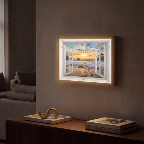 Strand - Doorkijk - Zonsondergang - Landschap - Zee - Natuur Light Box met batterij (Wandlamp) middel -sfeer1