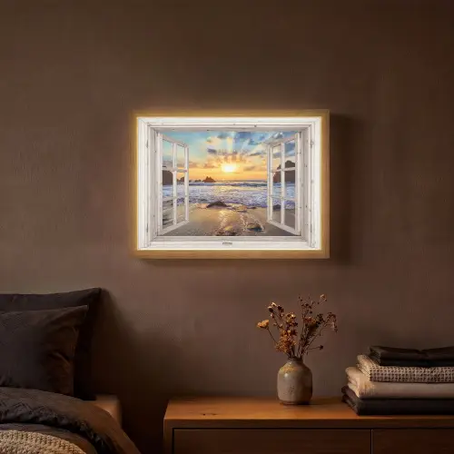 Strand - Doorkijk - Zonsondergang - Landschap - Zee - Natuur Light Box met batterij (Wandlamp) middel -sfeer4