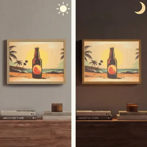 Bierfles - Zonsondergang - Palmbomen - Zee Light Box met batterij (Wandlamp) middel -sfeer3