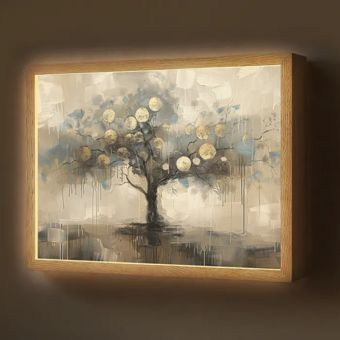 Beige - Abstract - Boom - Goud Light Box met batterij (Wandlamp) middel -z3d_website