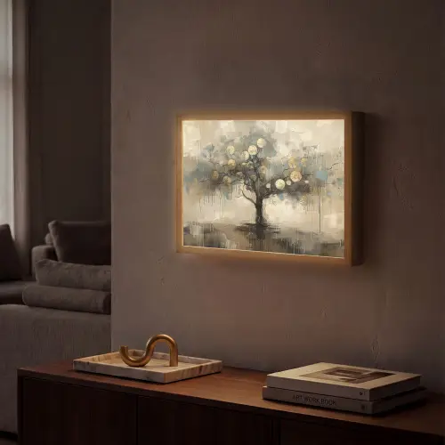 Beige - Abstract - Boom - Goud Light Box met batterij (Wandlamp) middel -sfeer1