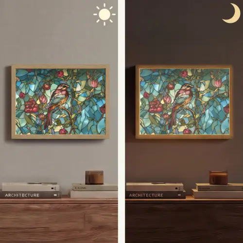 Vogel - Tak - Rozen - Mozaïek Light Box met batterij (Wandlamp) middel -sfeer3