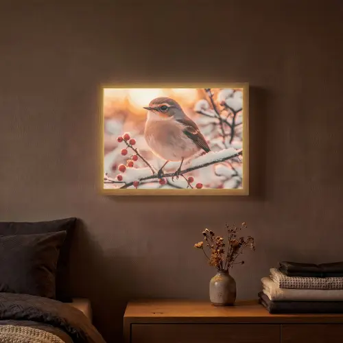 Vogel - Tak - Winter - Dieren - Sneeuw Light Box met batterij (Wandlamp) middel -sfeer4