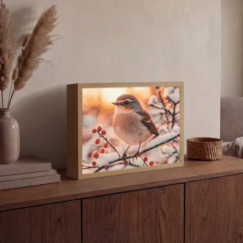 Vogel - Tak - Winter - Dieren - Sneeuw Light Box met batterij (Wandlamp) middel -sfeer2