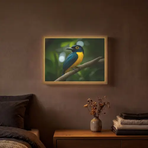 Vogel - Tak - Geel - Bladeren Light Box met batterij (Wandlamp) middel -sfeer4
