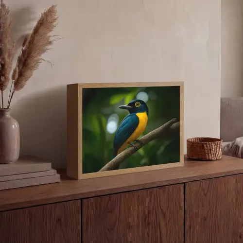 Vogel - Tak - Geel - Bladeren Light Box met batterij (Wandlamp) middel -sfeer2
