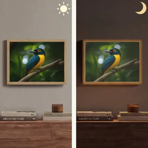Vogel - Tak - Geel - Bladeren Light Box met batterij (Wandlamp) middel -sfeer3