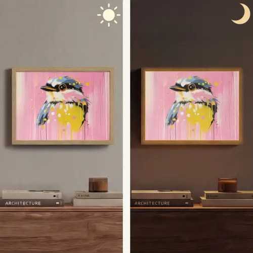 Vogel - Roze - Geel - Blauw Light Box met batterij (Wandlamp) middel -sfeer3
