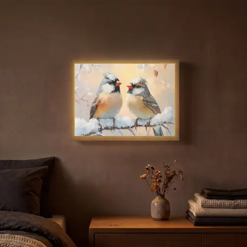 Vogels - Tak - Winter - Sneeuw Light Box met batterij (Wandlamp) middel -sfeer4
