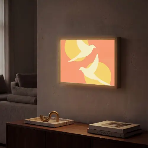 Vogels - Cirkels - Geel Light Box met batterij (Wandlamp) middel -sfeer1