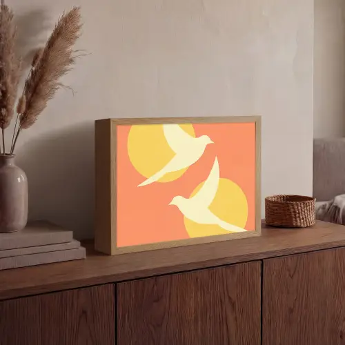 Vogels - Cirkels - Geel Light Box met batterij (Wandlamp) middel -sfeer2