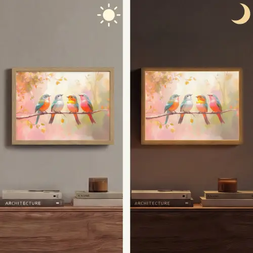 Vogels - Kleurrijk - Tak Light Box met batterij (Wandlamp) middel -sfeer3