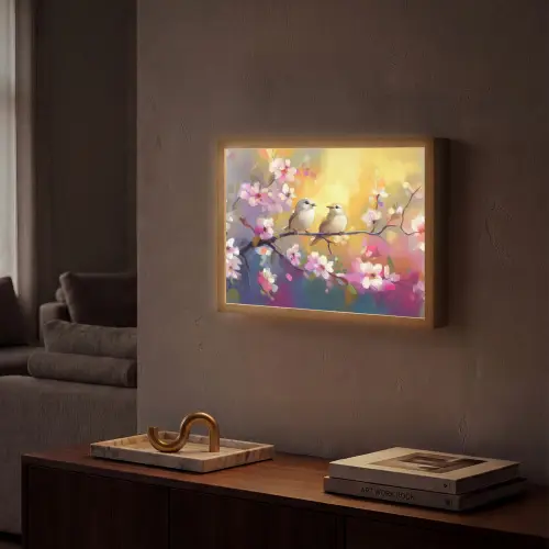Vogels - Bloemen - Roze Light Box met batterij (Wandlamp) middel -sfeer1