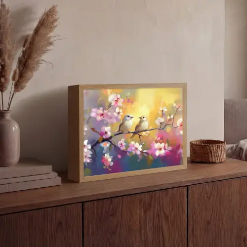 Vogels - Bloemen - Roze Light Box met batterij (Wandlamp) middel -sfeer2