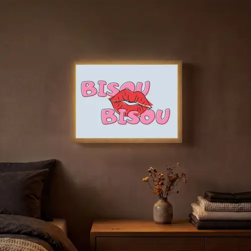 Bisou - Blauw - Roze - Lippen Light Box met batterij (Wandlamp) middel -sfeer4