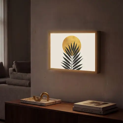 Zwart palmblad - Gouden cirkel - Beige achtergrond Light Box met batterij (Wandlamp) middel -sfeer1