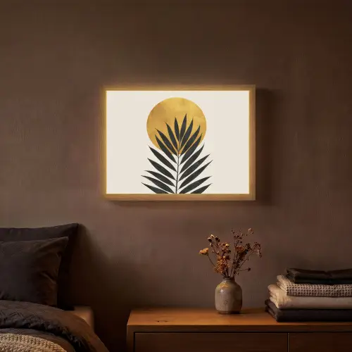 Zwart palmblad - Gouden cirkel - Beige achtergrond Light Box met batterij (Wandlamp) middel -sfeer4