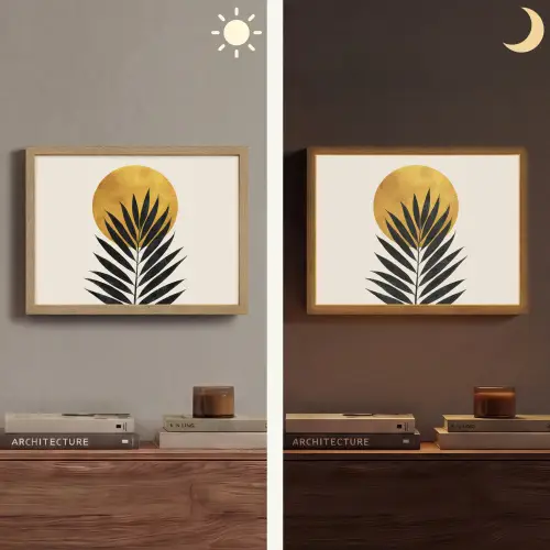 Zwart palmblad - Gouden cirkel - Beige achtergrond Light Box met batterij (Wandlamp) middel -sfeer3