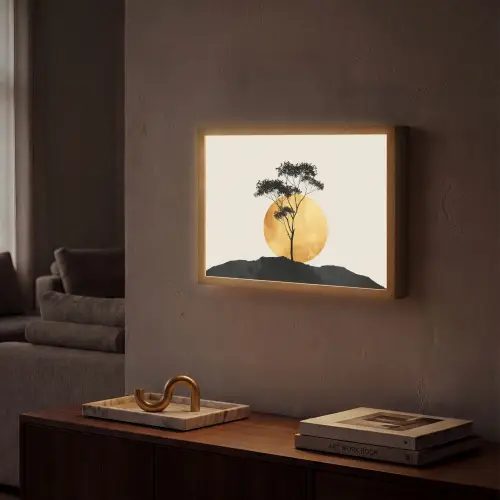 Zwarte boom - Gouden cirkel - Heuvel Light Box met batterij (Wandlamp) middel -sfeer1
