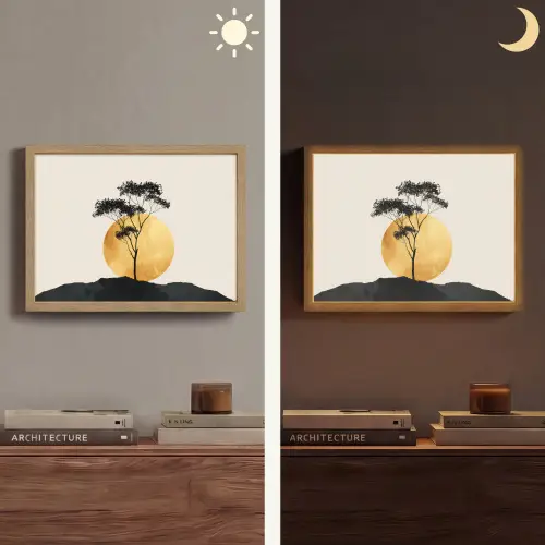 Zwarte boom - Gouden cirkel - Heuvel Light Box met batterij (Wandlamp) middel -sfeer3