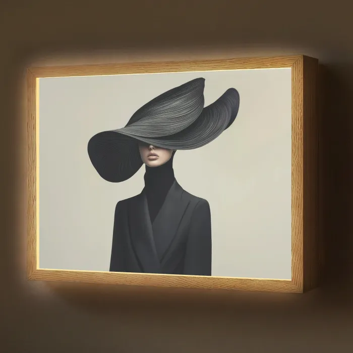 Zwart - Vrouw - Hoed Light Box met batterij (Wandlamp) middel -z3d_website