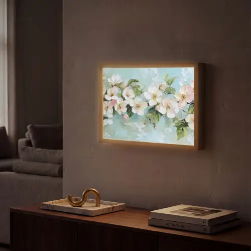 Bloesem - Bladeren - Lichtblauw Light Box met batterij (Wandlamp) middel -sfeer1