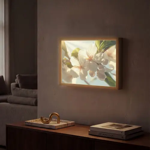 Bloesems - Wit - Zonnestralen - Bloemblaadjes Light Box met batterij (Wandlamp) middel -sfeer1