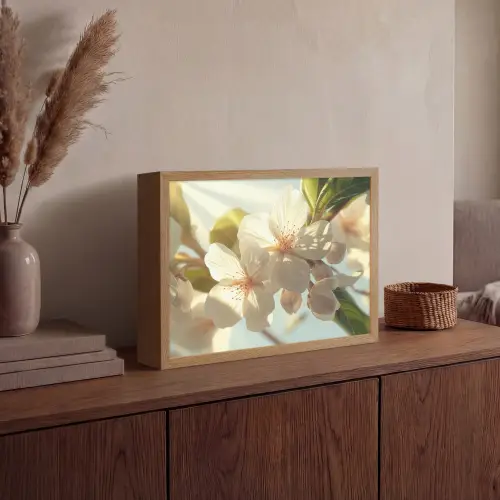 Bloesems - Wit - Zonnestralen - Bloemblaadjes Light Box met batterij (Wandlamp) middel -sfeer2