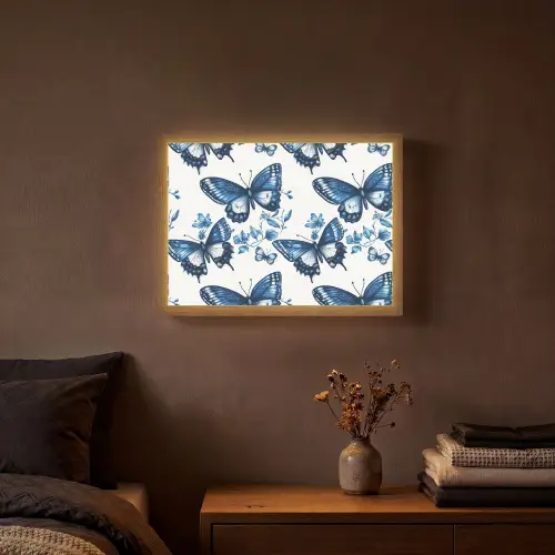 Blauw - Vlinders - Bloemen - Wit Light Box met batterij (Wandlamp) middel 907 -sfeer4