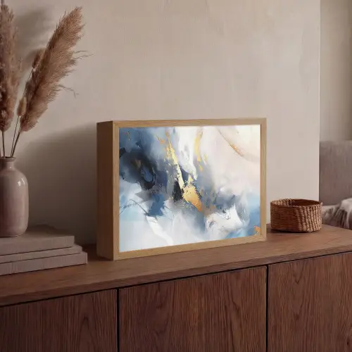 Blauw - Modern - Marmer - Abstract - Goud Light Box met batterij (Wandlamp) middel -sfeer2