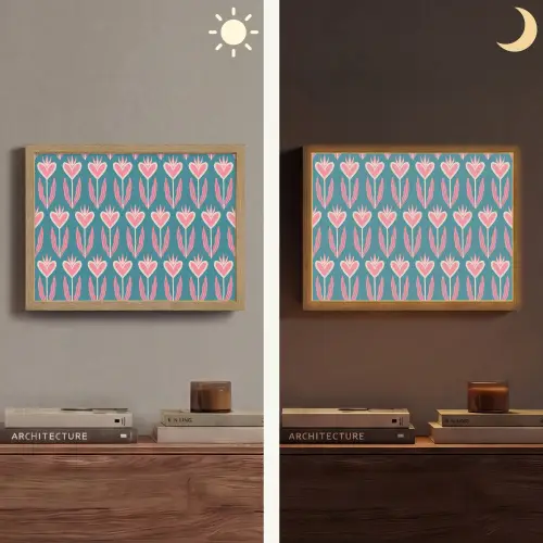 Blauw - Retro - Patroon - Hartjes Light Box met batterij (Wandlamp) middel 907 -sfeer3
