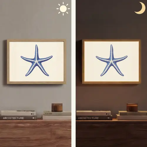 Blauwe zeester - Minimalistisch - Beige Light Box met batterij (Wandlamp) middel -sfeer3