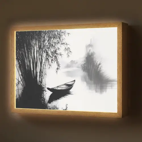 Boot - Rivier - Bamboe - Wit Light Box met batterij (Wandlamp) middel -z3d_website