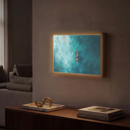 Bootje - Water - Blauw Light Box met batterij (Wandlamp) middel -sfeer1