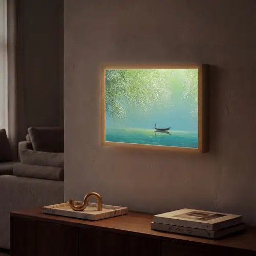 Bootje - Water - Bladeren - Bloesems Light Box met batterij (Wandlamp) middel -sfeer1