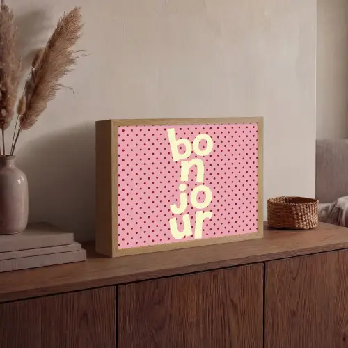 Bonjour - Stippen - Roze- Geel Light Box met batterij (Wandlamp) middel -sfeer2