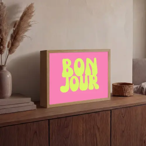 Bonjour - Roze - Fel groen Light Box met batterij (Wandlamp) middel -sfeer2