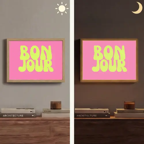 Bonjour - Roze - Fel groen Light Box met batterij (Wandlamp) middel -sfeer3