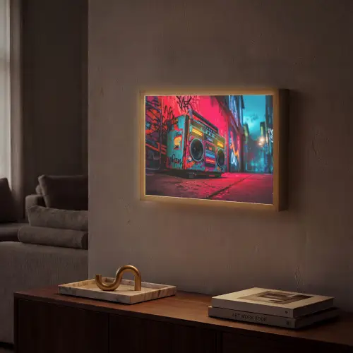 Boombox - Rood - Graffiti - Neon Light Box met batterij (Wandlamp) middel -sfeer1