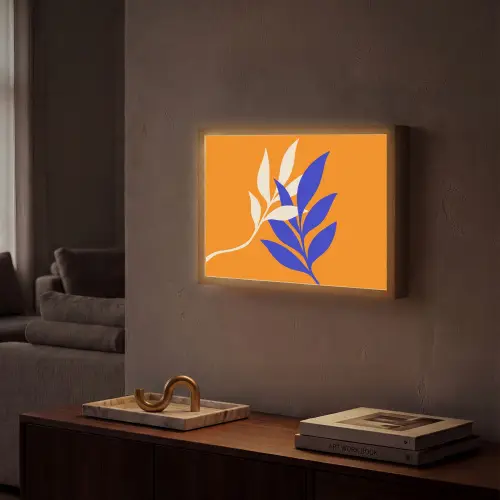 Takken - Bladeren - Minimalistisch - Blauw Light Box met batterij (Wandlamp) middel -sfeer1