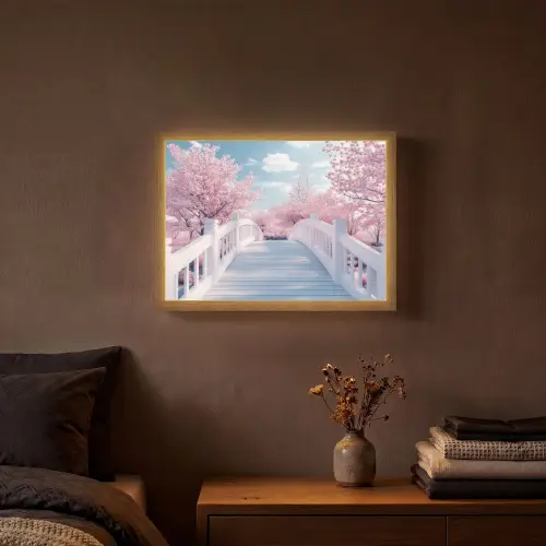 Brug - Kersenbomen - Wit Light Box met batterij (Wandlamp) middel -sfeer4