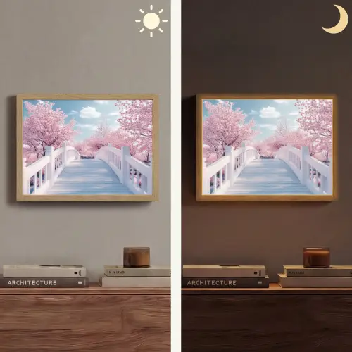 Brug - Kersenbomen - Wit Light Box met batterij (Wandlamp) middel -sfeer3