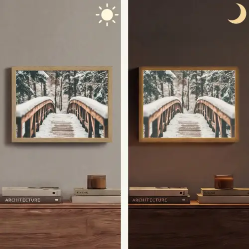 Brug - Winterlandschap - Bos - Natuur - Sneeuw Light Box met batterij (Wandlamp) middel -sfeer3