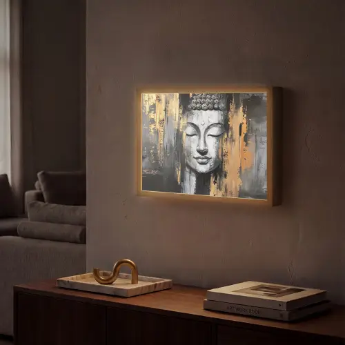 Boedhha - Penseelstreken - Goud - Abstract Light Box met batterij (Wandlamp) middel -sfeer1