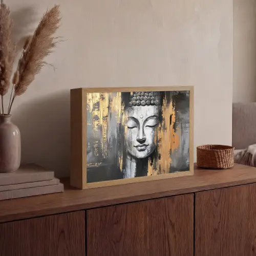 Boedhha - Penseelstreken - Goud - Abstract Light Box met batterij (Wandlamp) middel -sfeer2