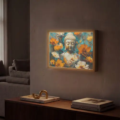 Buddha - Bloemen - Kleurrijk - Modern Light Box met batterij (Wandlamp) middel -sfeer1